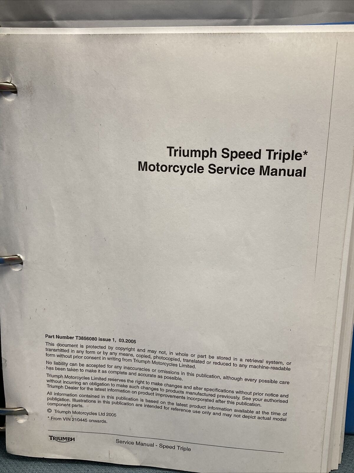 TRIUMPH T3856080 SPEED TRIPLE SERVICE MANUAL ISSUE 1, 03.2005