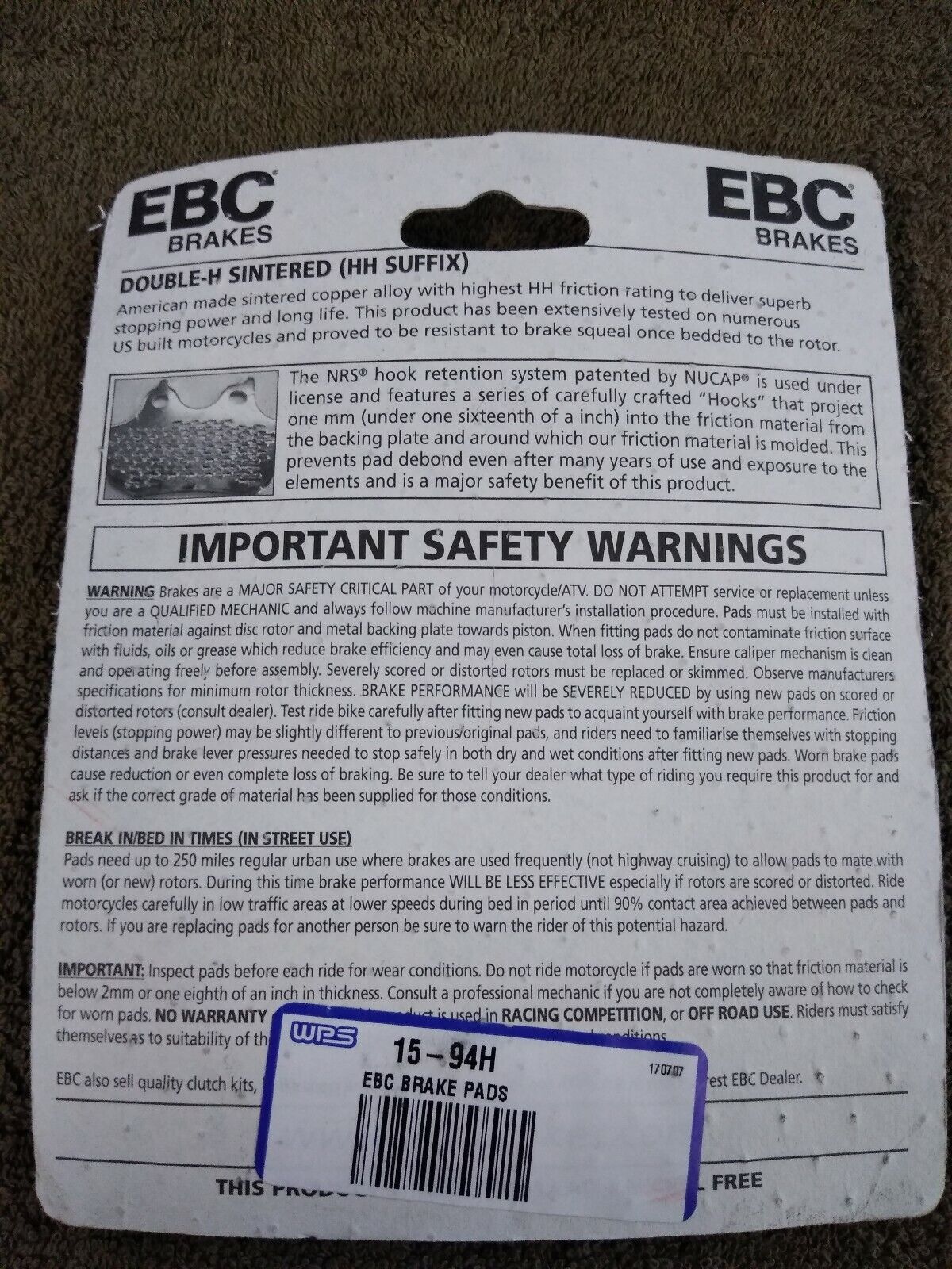 NEW EBC Brakes for Motorcycle / ATV / High Performance / Organic / FA94HH