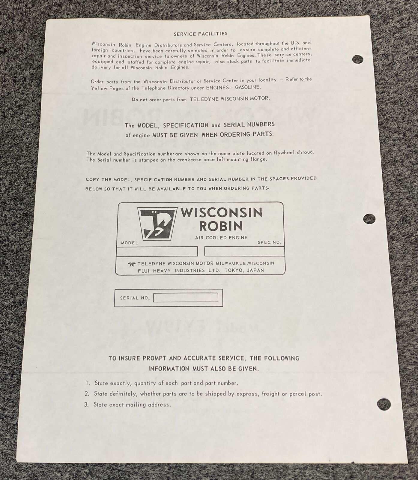 TELEDYNE WISCONSIN ROBIN EY18W LOOSE-LEAF SERVICE PARTS MANUAL