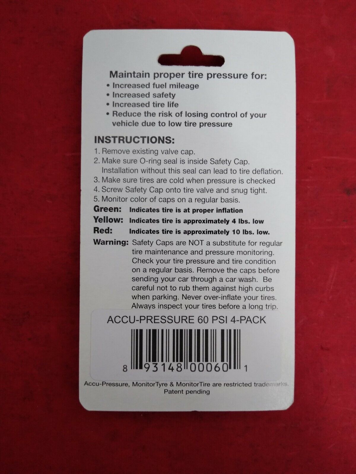 NEW Accu-Pressure Safety Tire Caps, Set of 4 (60 psi) / 9314800060