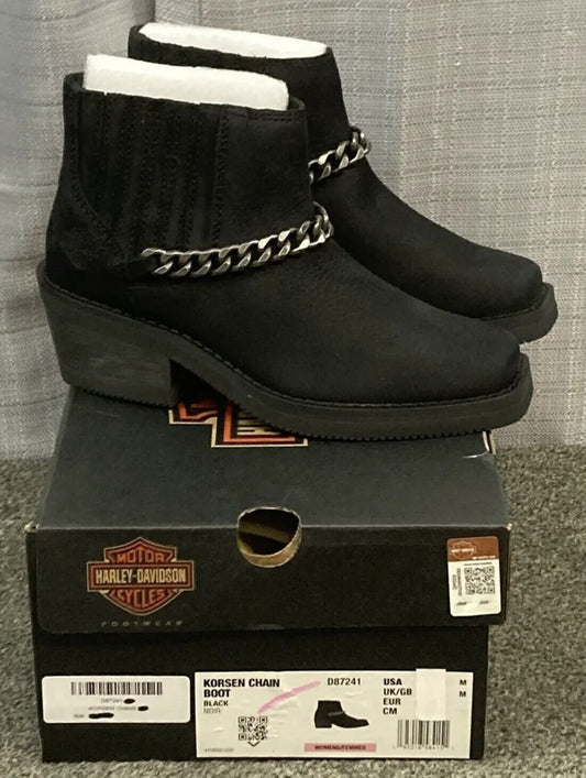 NEW HARLEY DAVIDSON D87241 SIZE 7.5 WOMEN'S KORSEN CHAIN BLK LEATHER ANKLE BOOTS