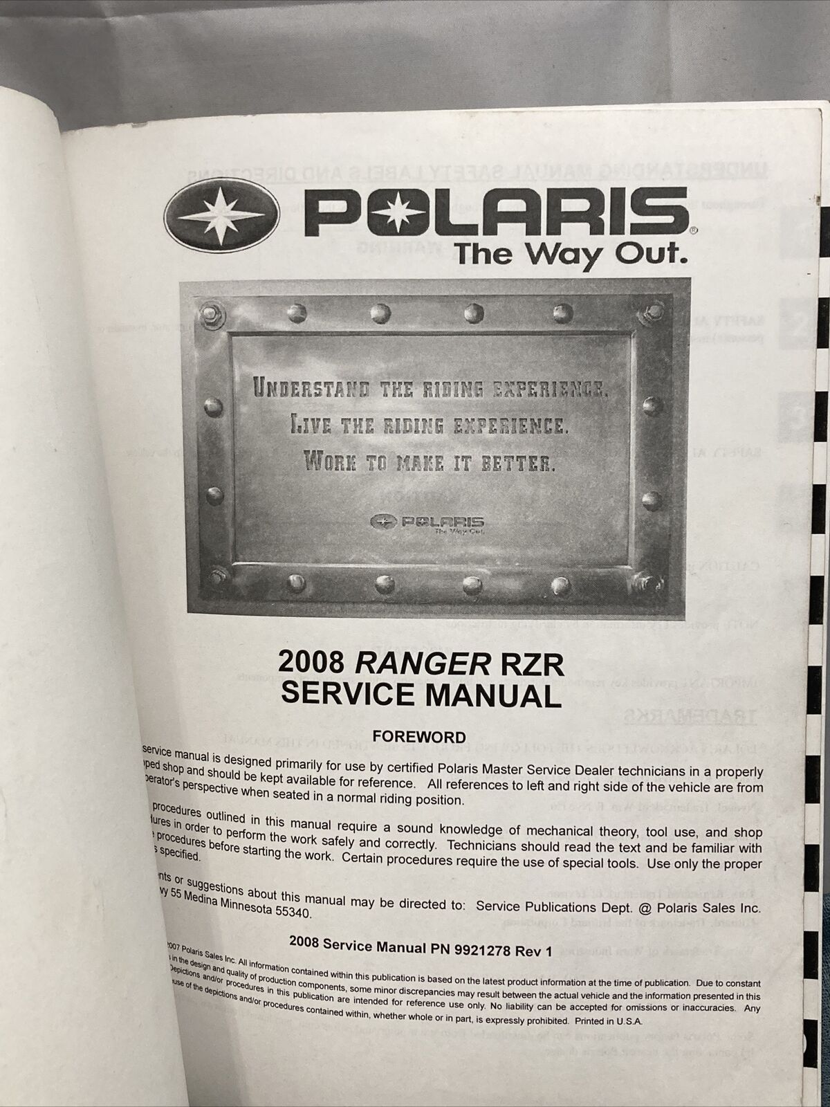 GENUINE POLARIS 9921278 RANGER RZR SERVICE MANUAL 2008