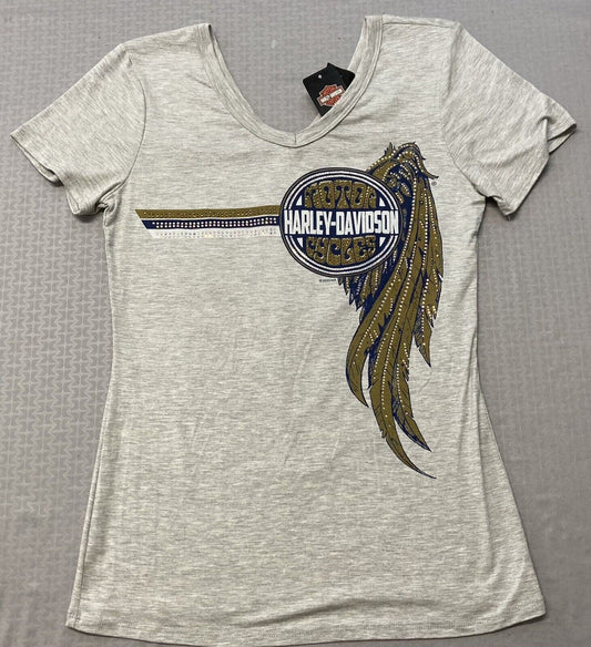 NEW GENUINE HARLEY DAVIDSON HT4685GRY Women's Golden Wing V-Neck Tee SMALL