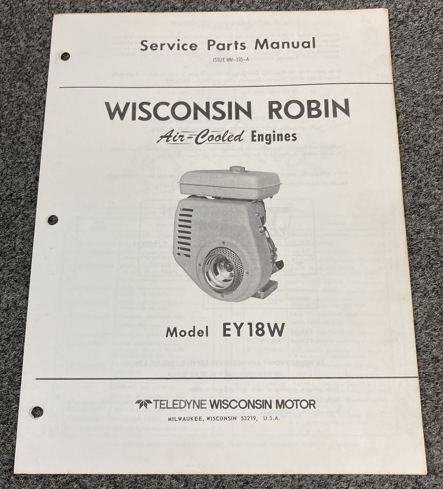 TELEDYNE WISCONSIN ROBIN EY18W LOOSE-LEAF SERVICE PARTS MANUAL