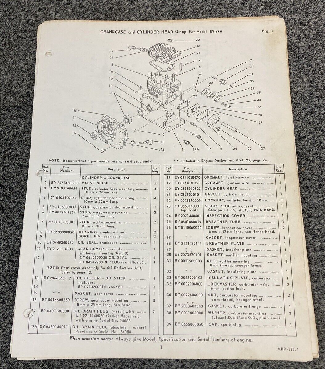 TELEDYNE WISCONSIN ROBIN EY27W LOOSE-LEAF SERVICE PARTS MANUAL