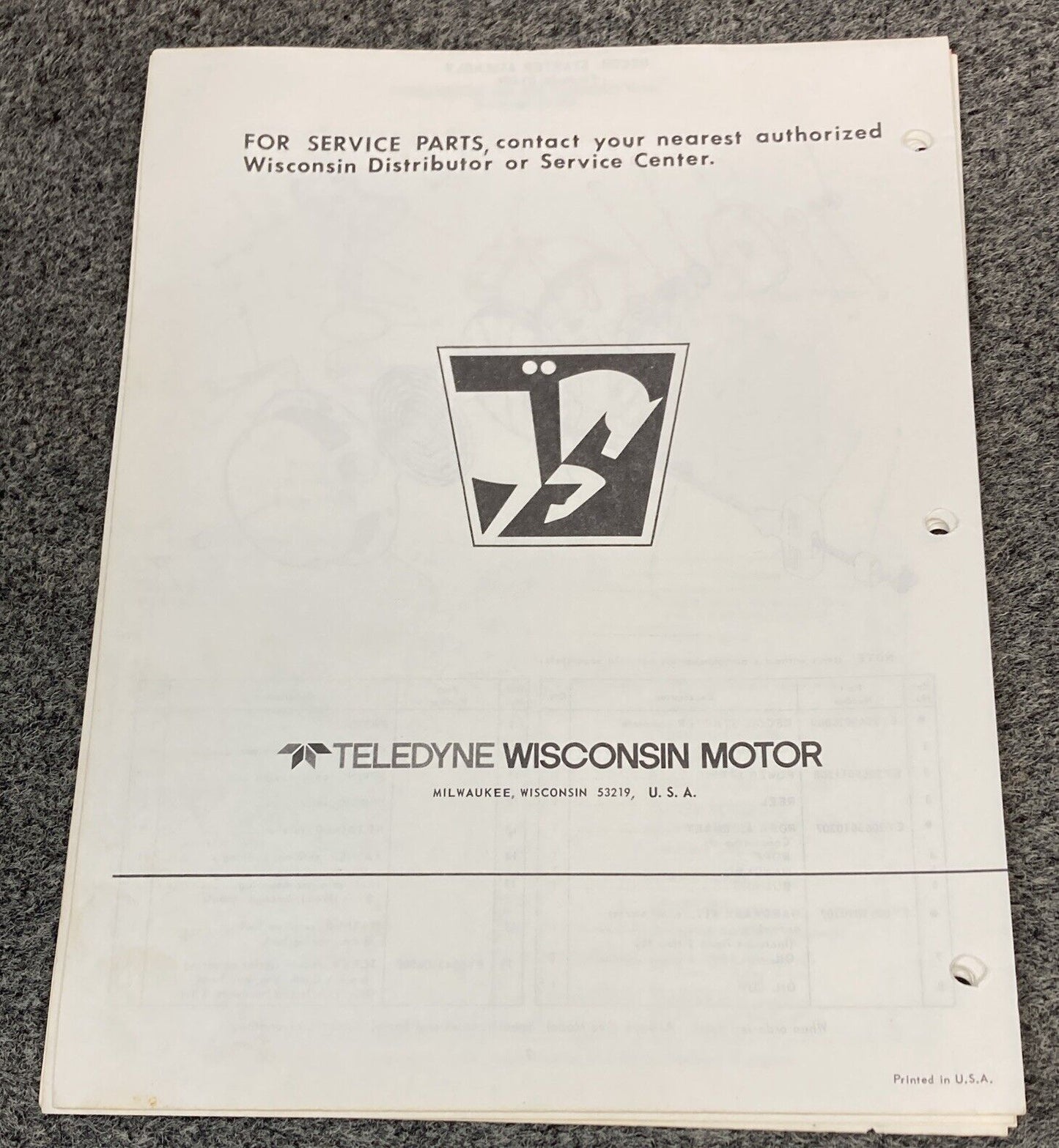 TELEDYNE WISCONSIN ROBIN EY18W LOOSE-LEAF SERVICE PARTS MANUAL