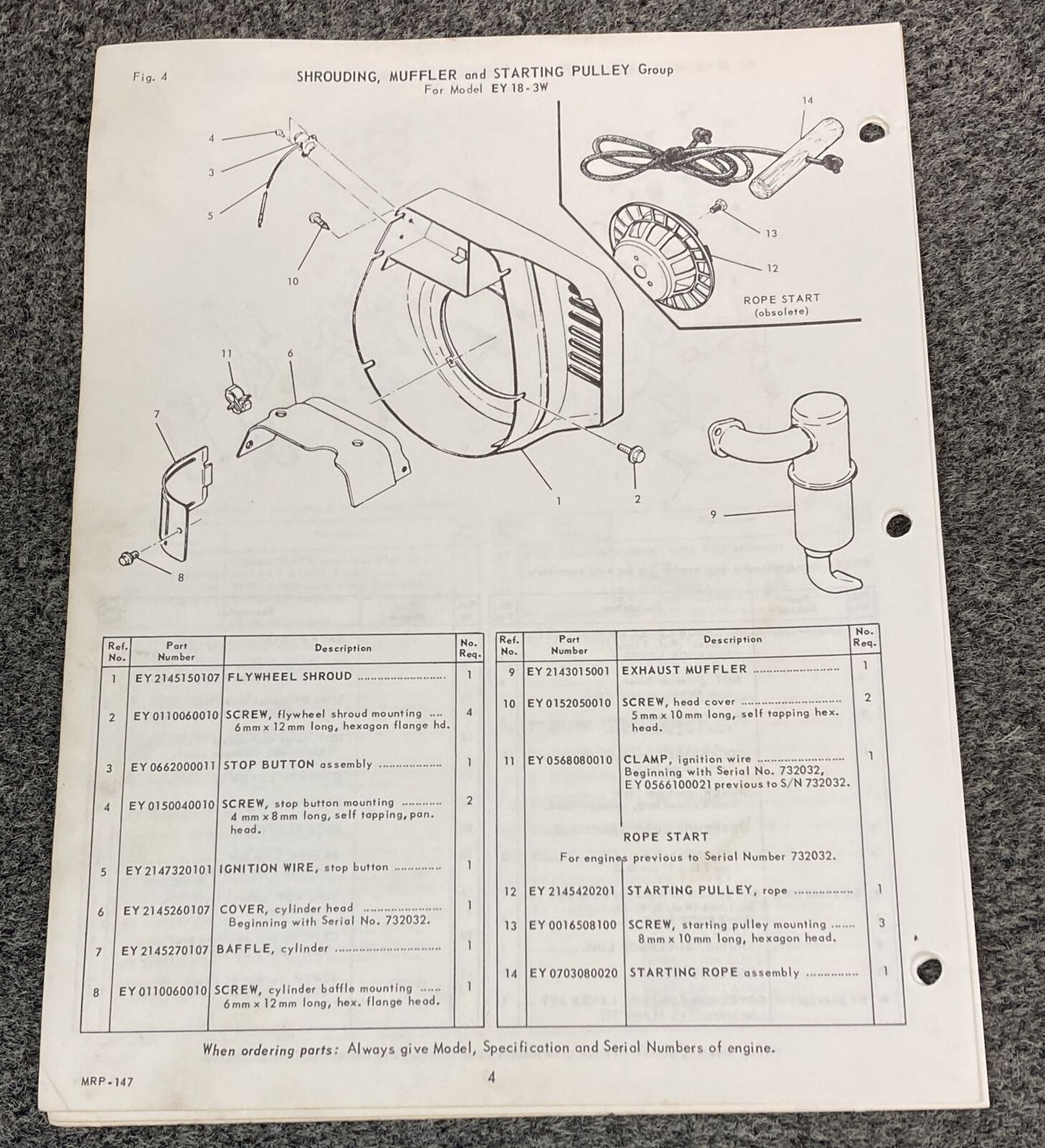 TELEDYNE WISCONSIN ROBIN EY18-3W LOOSE-LEAF SERVICE PARTS MANUAL