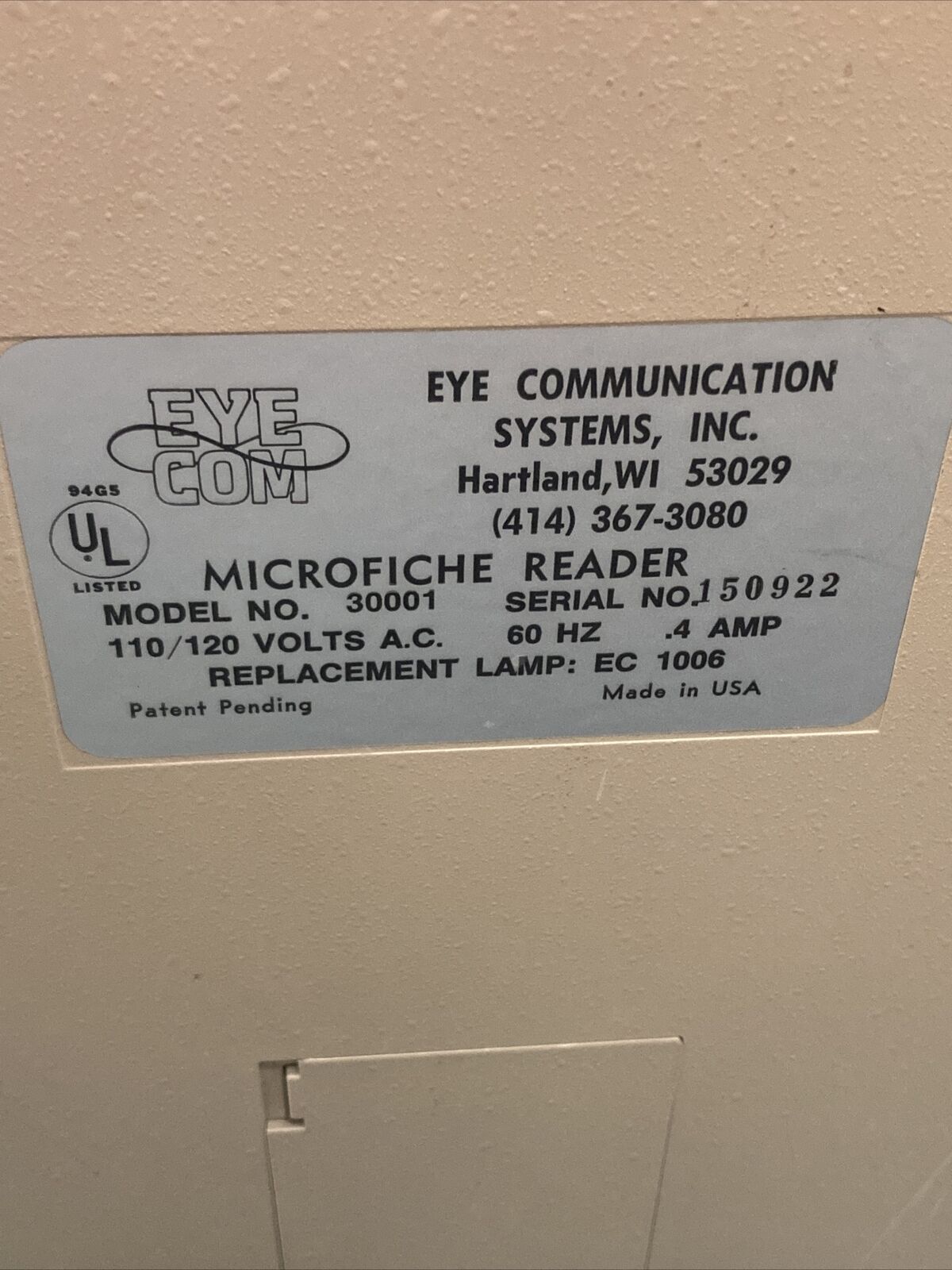 EYECOM 3000 MICROFICHE READER