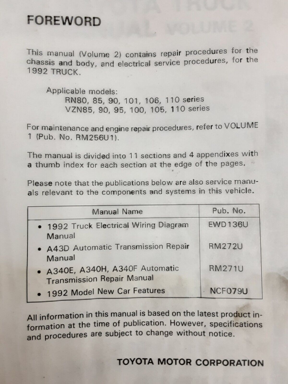 TOYOTA 1992 PICKUP TRUCK SHOP SERVICE REPAIR MANUAL VOLUME 2