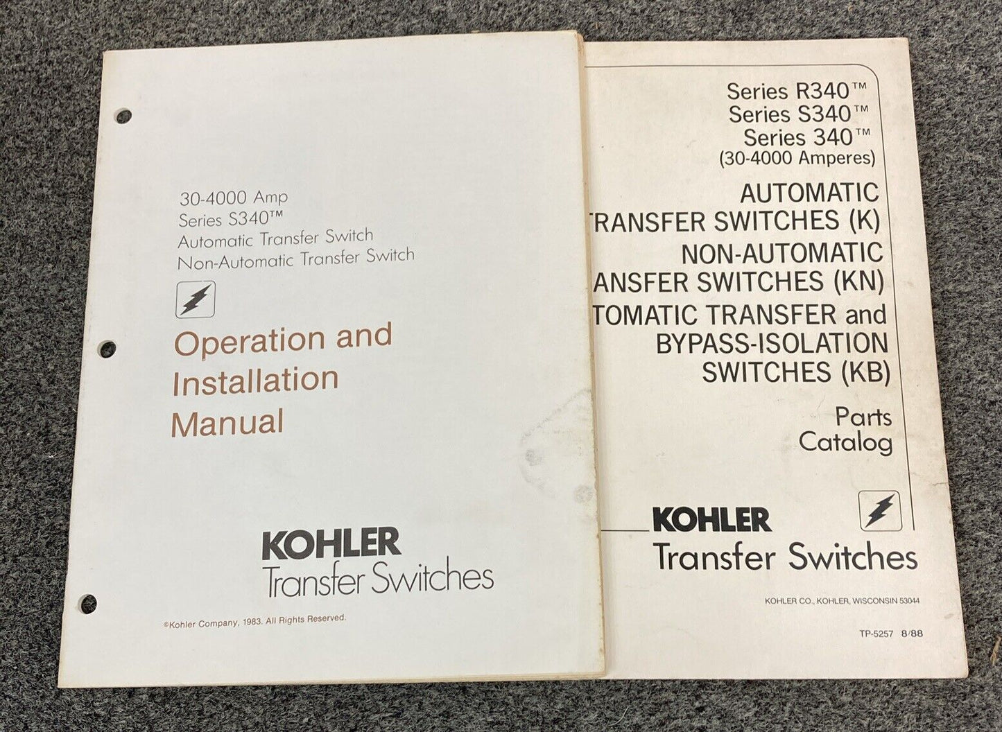 GENUINE KOHLER GENERATORS TP-5087 TP-5257 TRANSFER SWITCHES MANUALS