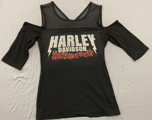 NEW HARLEY DAVIDSON HT4682BLK WOMEN'S BED OF ROSES COLD SHOULDER TEE XS