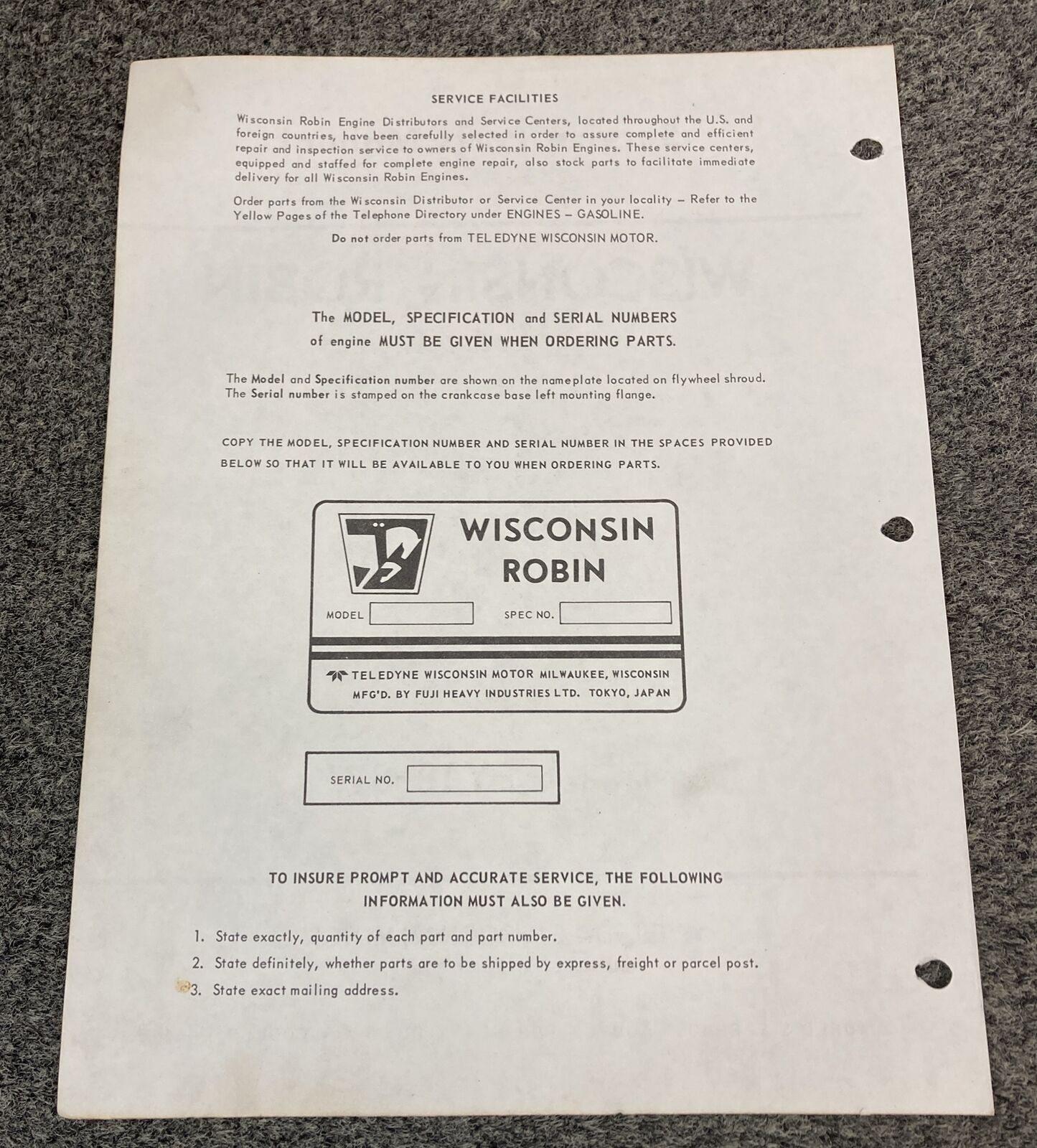 TELEDYNE WISCONSIN ROBIN EY18-3W LOOSE-LEAF SERVICE PARTS MANUAL