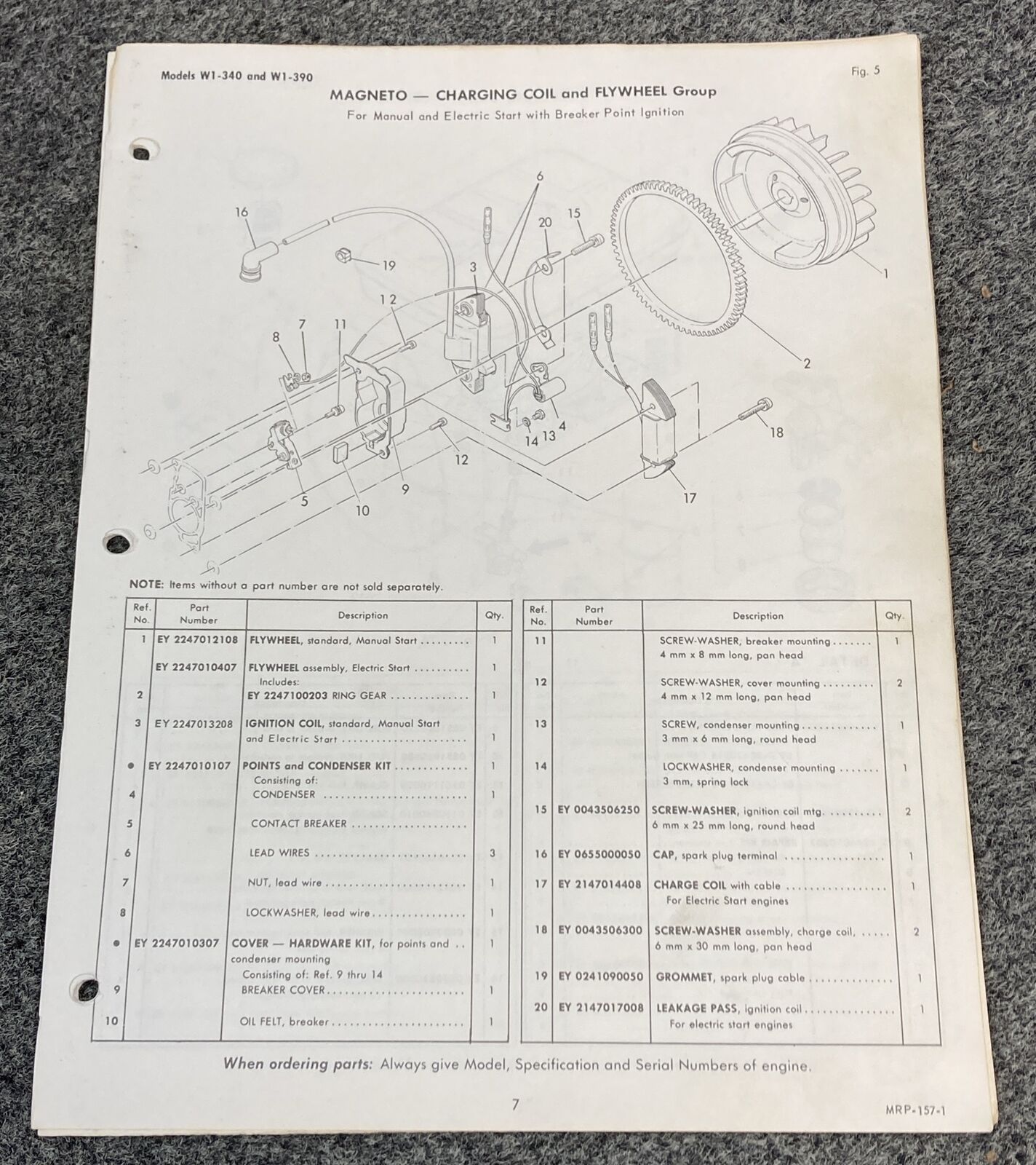 TELEDYNE WISCONSIN ROBIN  W1-340 & W1-390 LOOSE-LEAF PARTS CATALOG