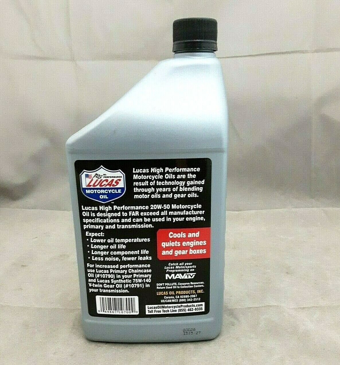 1 Quart Lucas Oil 10700 SAE 20W-50 High Performance Motorcycle Oil V Twin