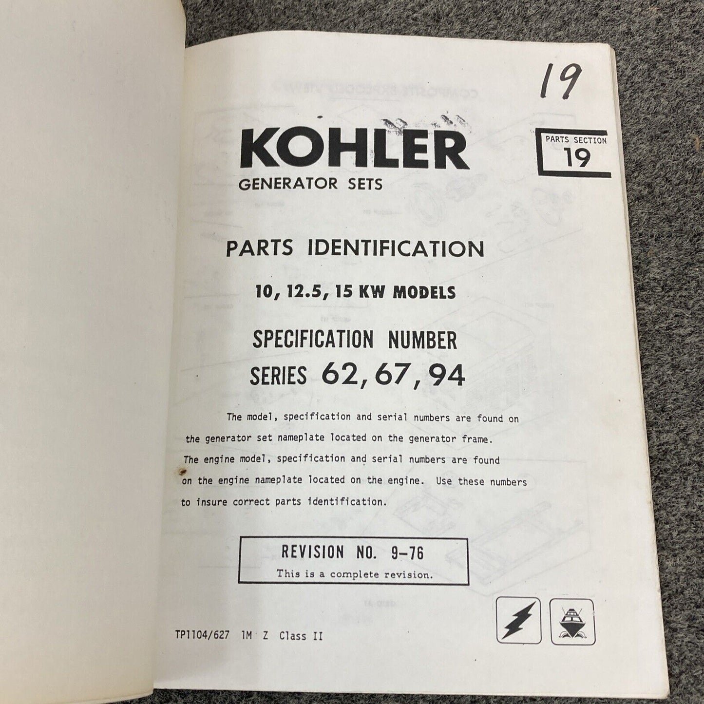 GENUINE KOHLER GENERATORS PARTS LISTING/OWNERS/IDENTIFICATION MANUALS