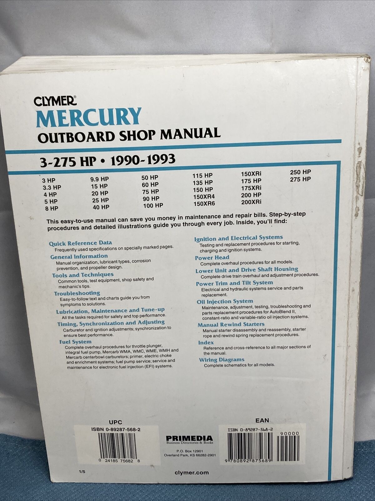 CLYMER MERCURY B722 OUTBOARD SHOP MANUAL 1990-1993 024185756828