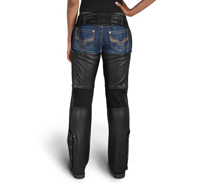 NEW GENUINE HARLEY DAVIDSON 98046-19VW SM WOMENS DELUXE II BLACK LEATHER CHAPS