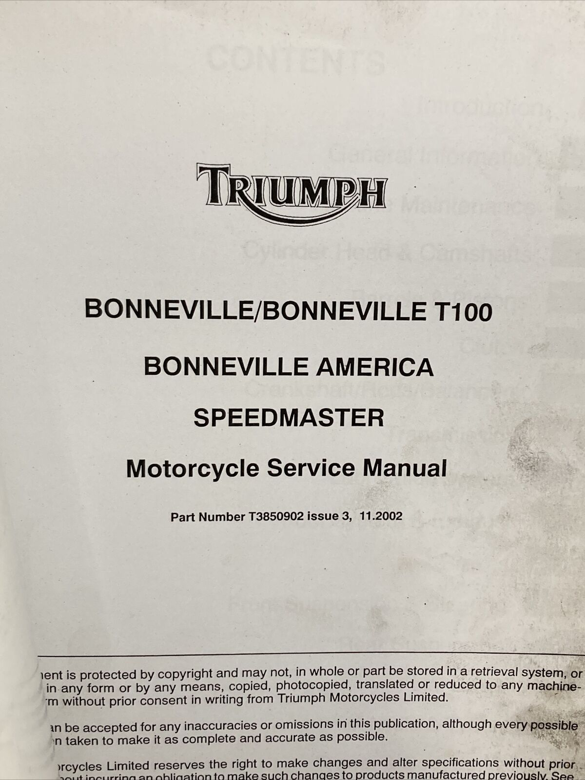 TRIUMPH T3850902 BONNEVILLE/SPEEDMASTER SERVICE MANUAL ISSUE 3, 11.2002