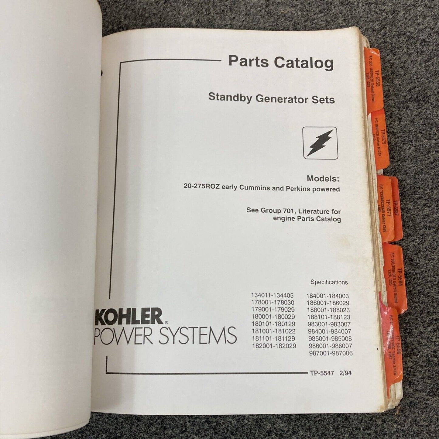 GENUINE KOHLER SERVICE PARTS/PARTS CATALOGS