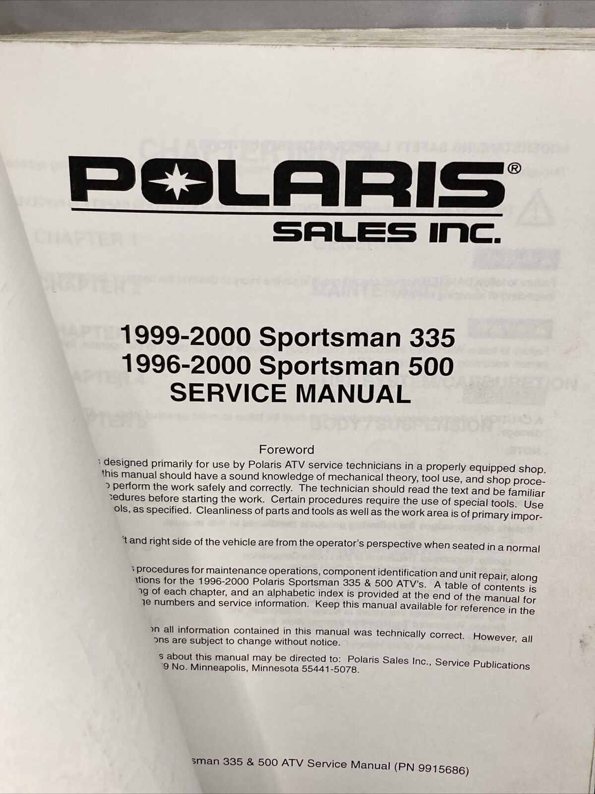 GENUINE POLARIS 9915686 SPORTSMAN 500/335 SERVICE MANUAL 1996-2000