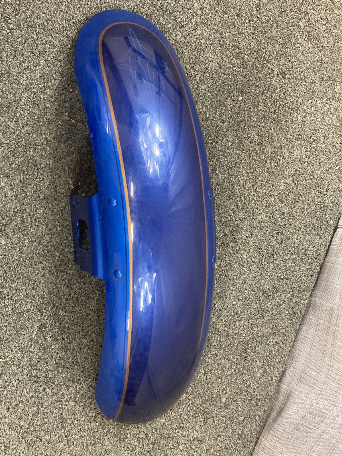 HARLEY DAVIDSON FRONT FENDER, BLUE WITH PIN STRIPE AND SWORD DESIGN