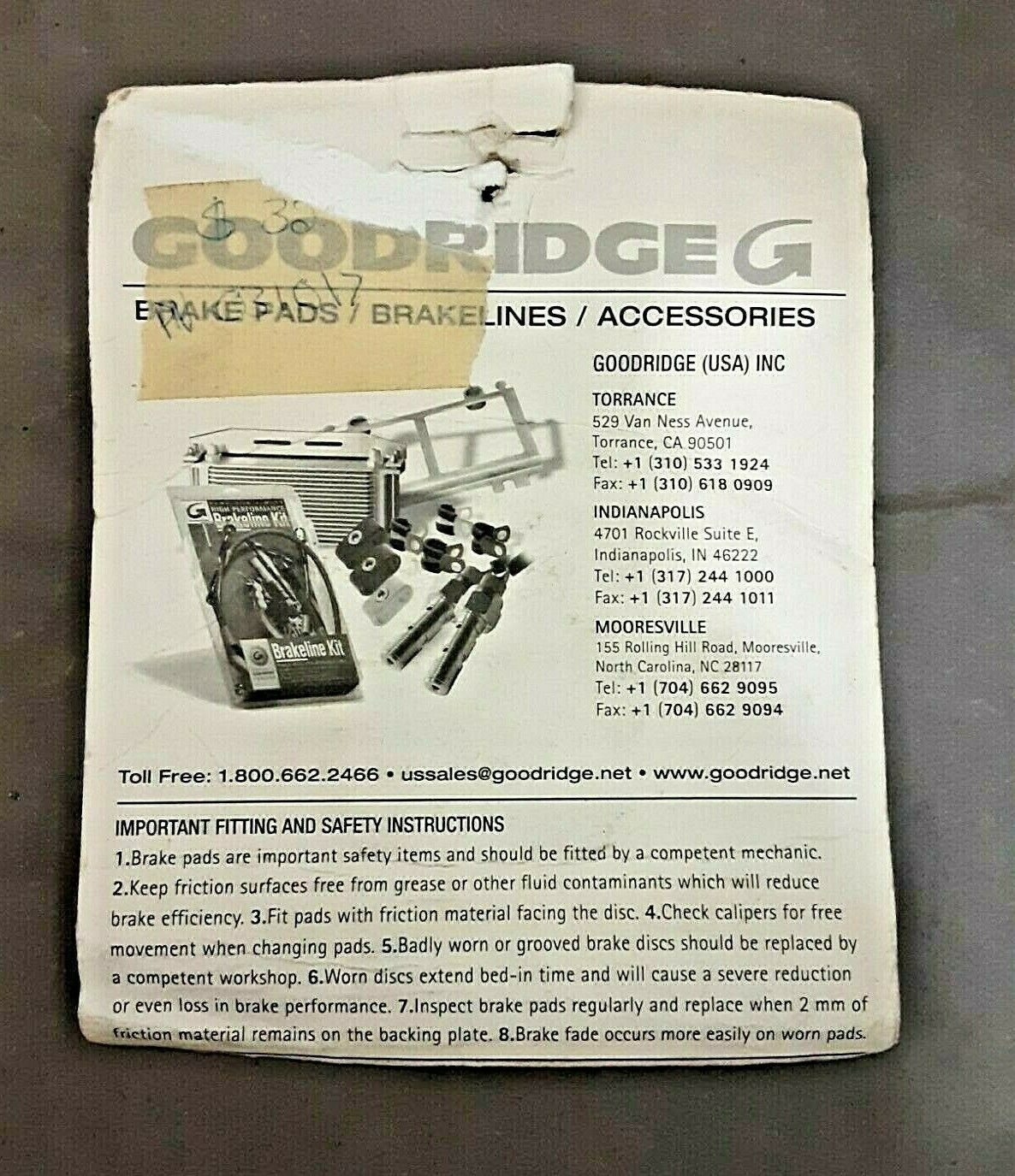 Goodridge Organic Brake Pads Rear #G339ST Harley Davidson Sportster 03-1017