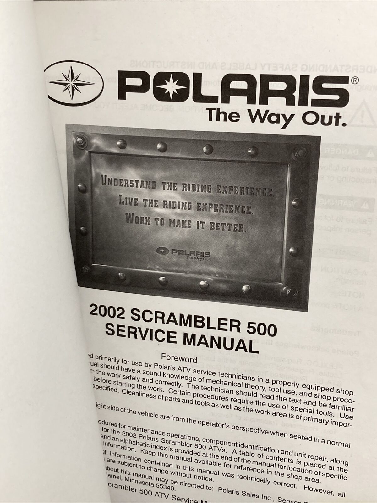 GENUINE POLARIS 9917201 SCRAMBLER 500 SERVICE MANUAL 2002