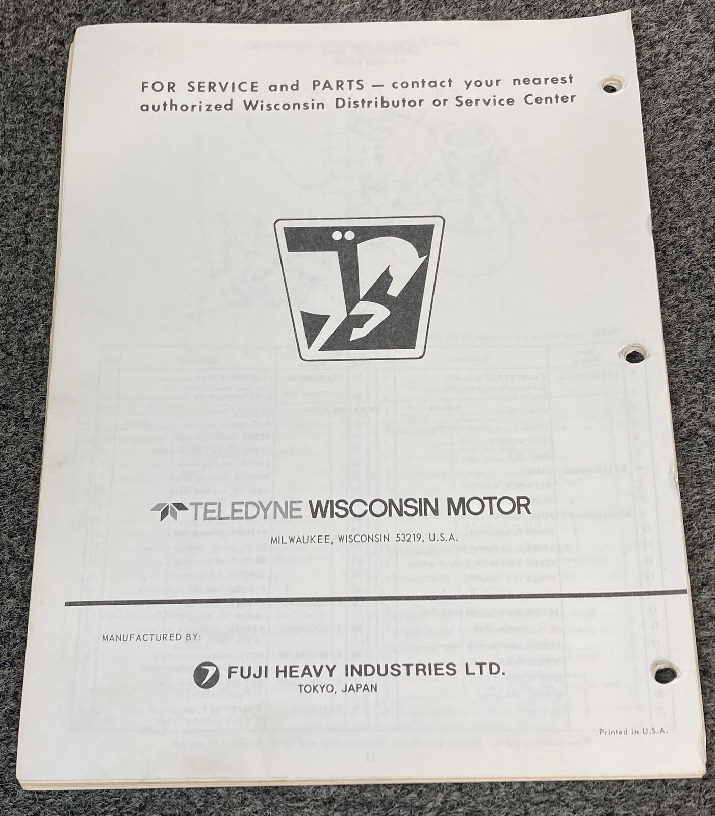 TELEDYNE WISCONSIN ROBIN EY21W LOOSE-LEAF SERVICE PARTS MANUAL