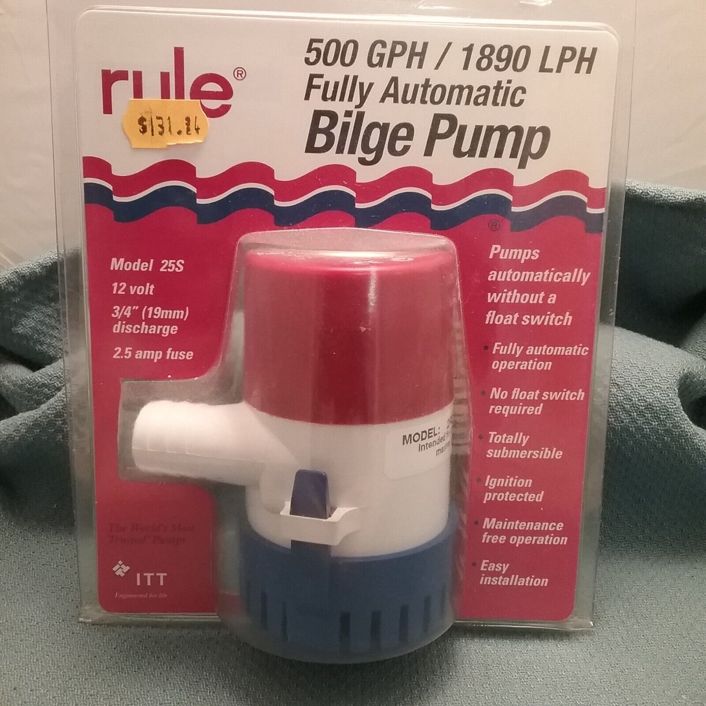 NEW RULE 25S BILGE PUMP 500 GPH/1890 LPH FULLY AUTOMATIC 12V SUBMERSIBLE