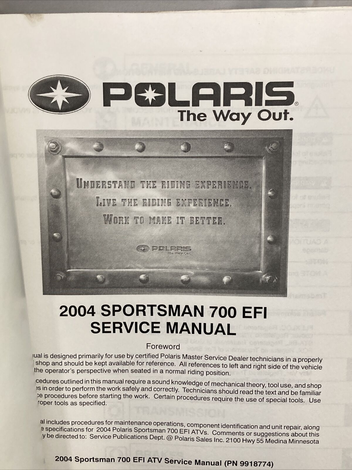 POLARIS 9918774 SPORTSMAN 700 EFI SERVICE MANUAL 2004