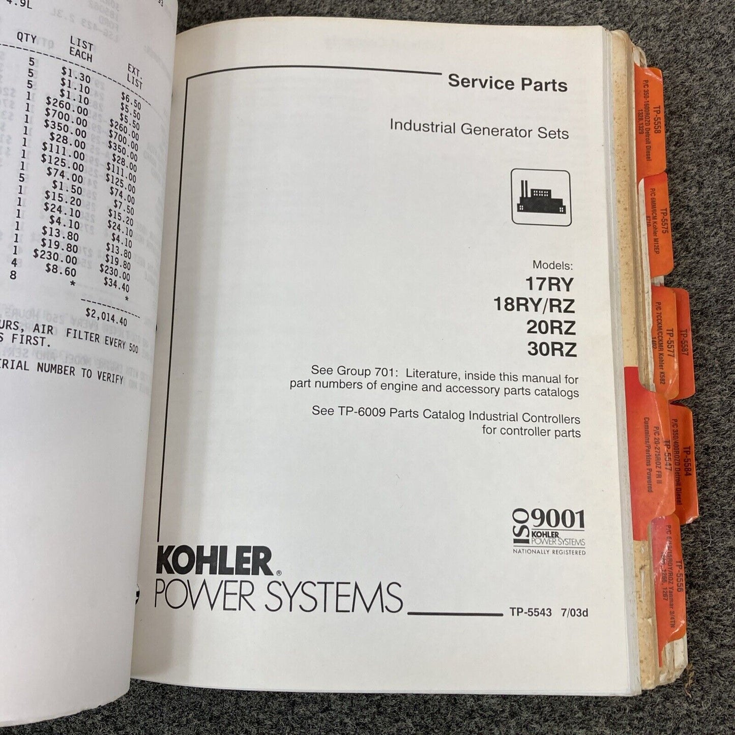 GENUINE KOHLER SERVICE PARTS/PARTS CATALOGS