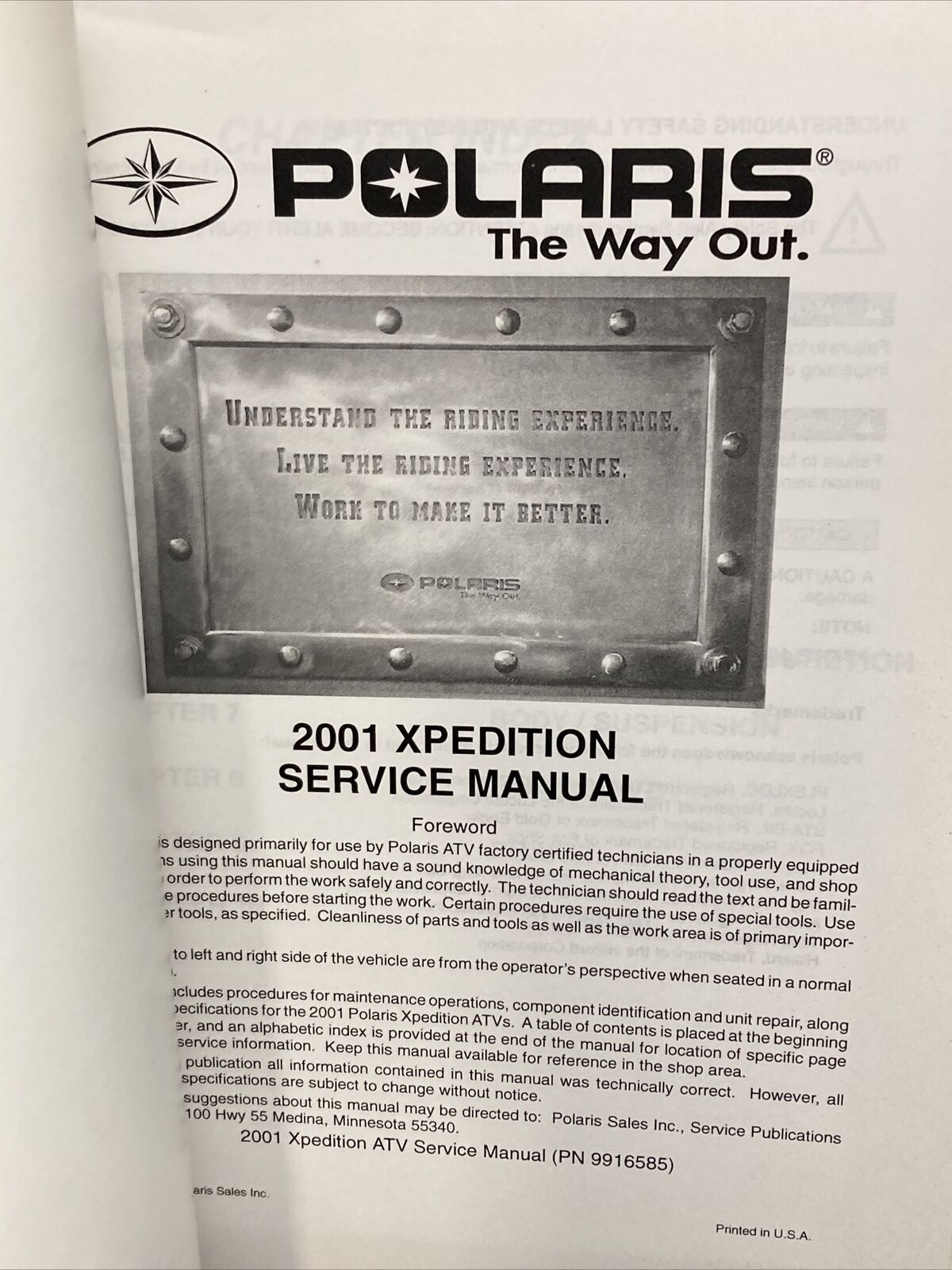 GENUINE POLARIS 9916585 XPEDITION SERVICE MANUAL 2001