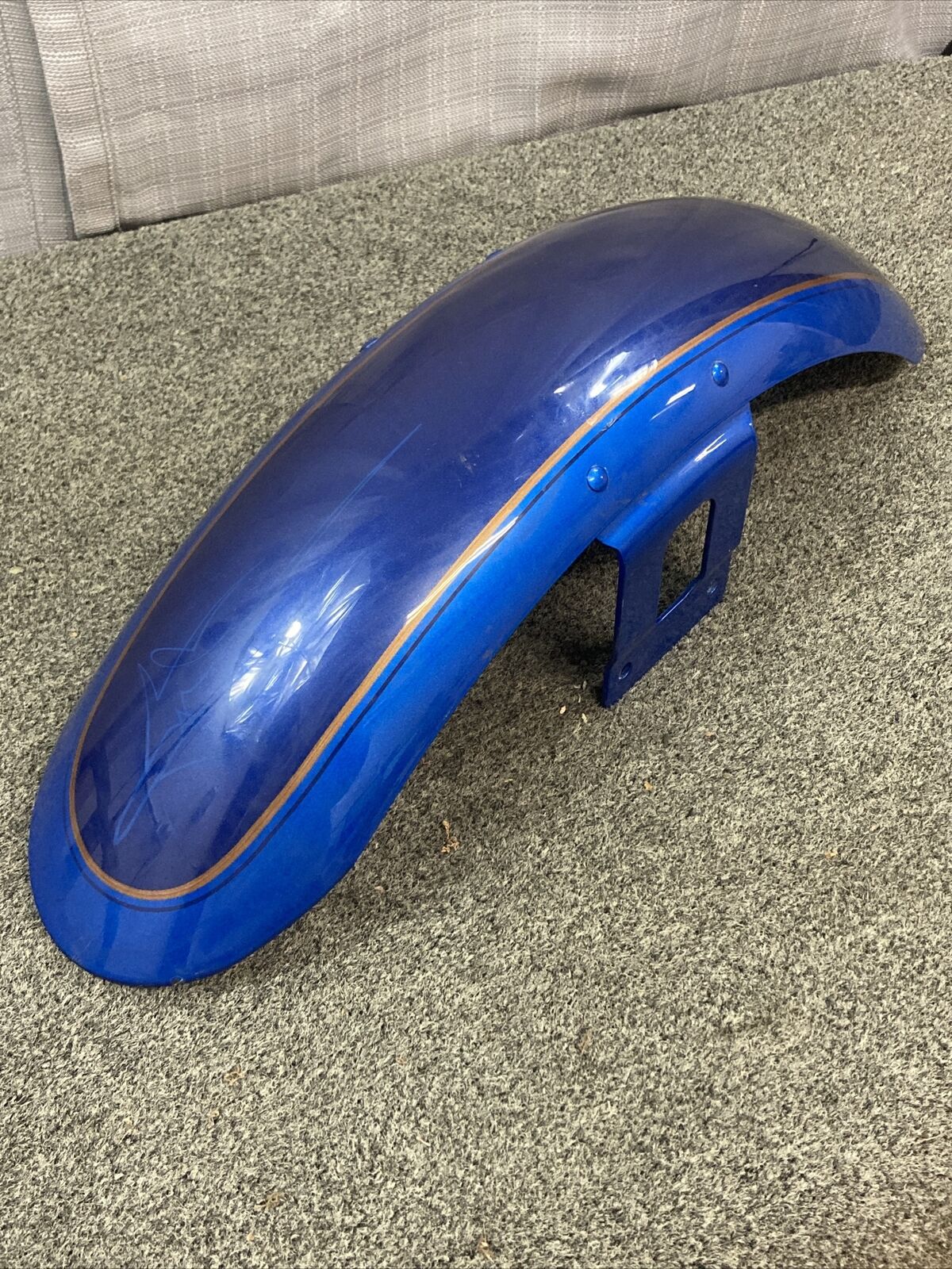 HARLEY DAVIDSON FRONT FENDER, BLUE WITH PIN STRIPE AND SWORD DESIGN