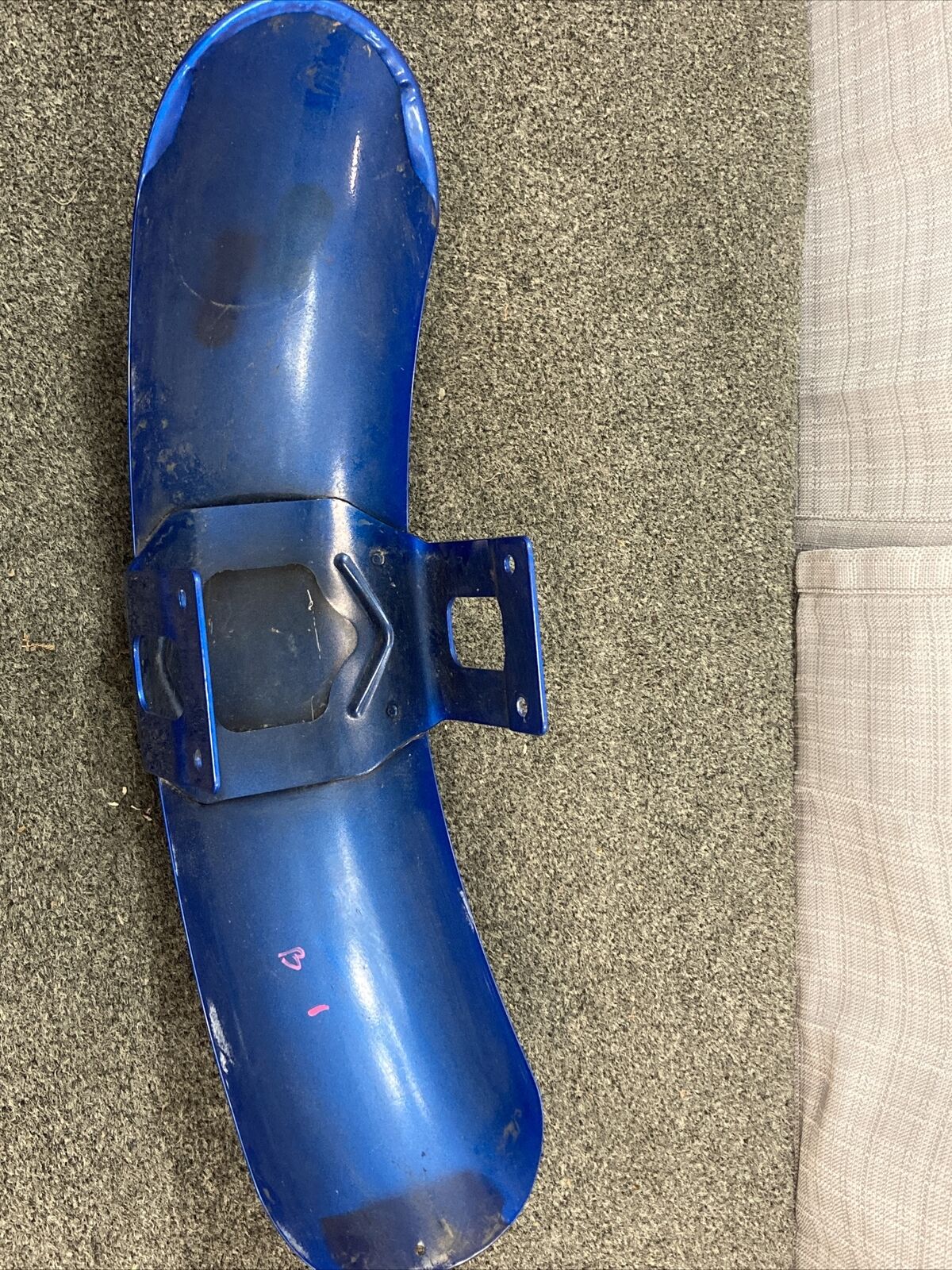 HARLEY DAVIDSON FRONT FENDER, BLUE WITH PIN STRIPE AND SWORD DESIGN