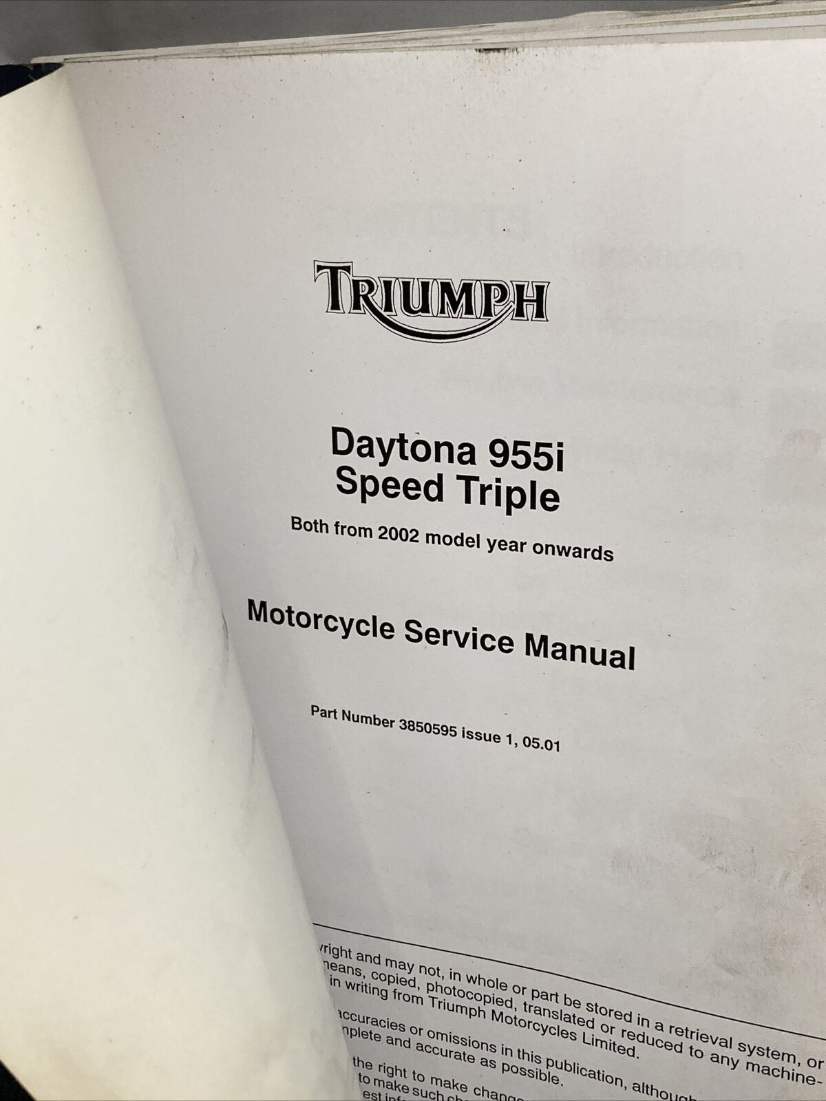 TRIUMPH 3850595 DAYTONA 955i, SPEED TRIPLE SERVICE MANUAL ISSUE 1, 05.01 2002