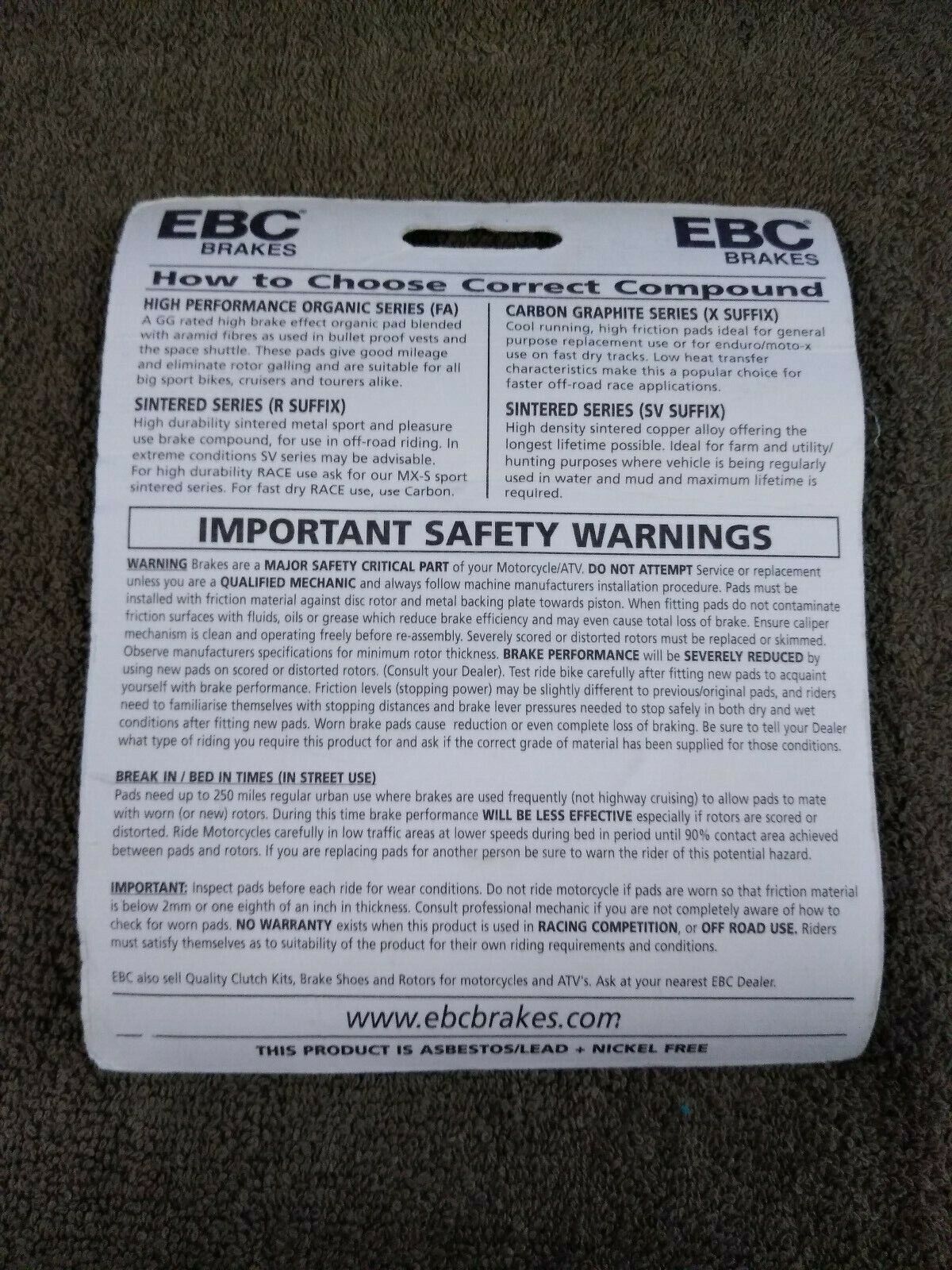 NEW EBC Brakes for Motorcycle / ATV / High Performance / Organic / FA67R