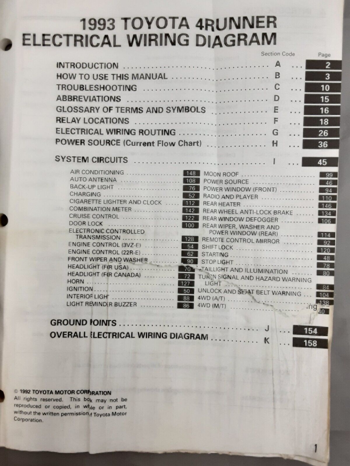 TOYOTA 1993 4Runner Electrical Wiring Diagram Repair /Service Manual