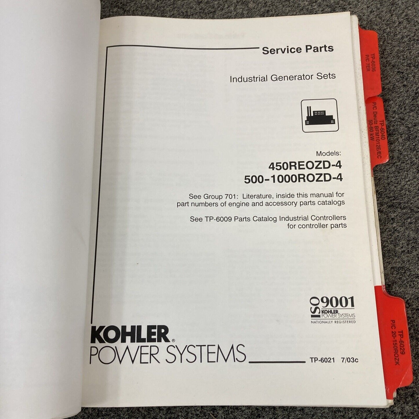 GENUINE KOHLER INDUSTRIAL GENERATOR SET SERVICE PARTS MANUALS