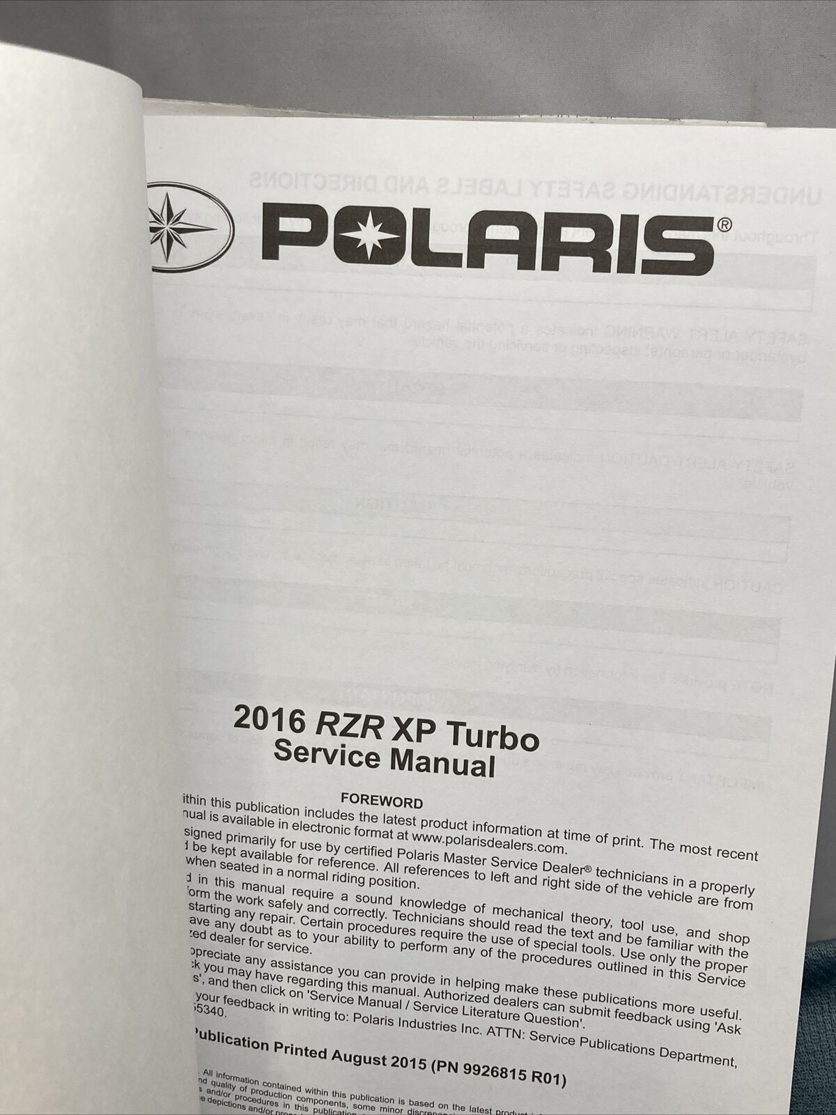 NEW POLARIS 9926815 RZR XP TURBO SERVICE MANUAL 2016