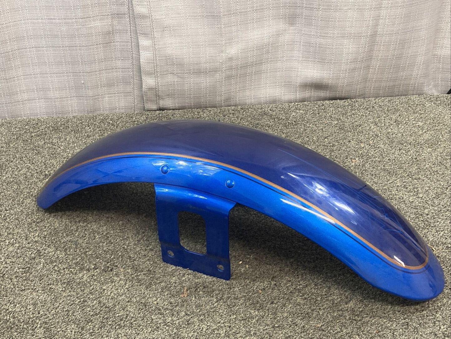 HARLEY DAVIDSON FRONT FENDER, BLUE WITH PIN STRIPE AND SWORD DESIGN