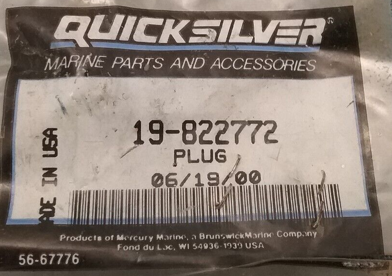 NEW QUICKSILVER 19-822772 PLUG Mercury Outboard 65 75 90HP