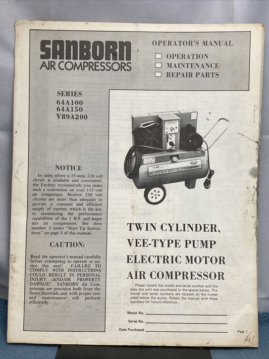 SANBORN AIR COMPRESSORS OPERATOR'S MANUAL SERIES 64A100, 64A150, V89A200