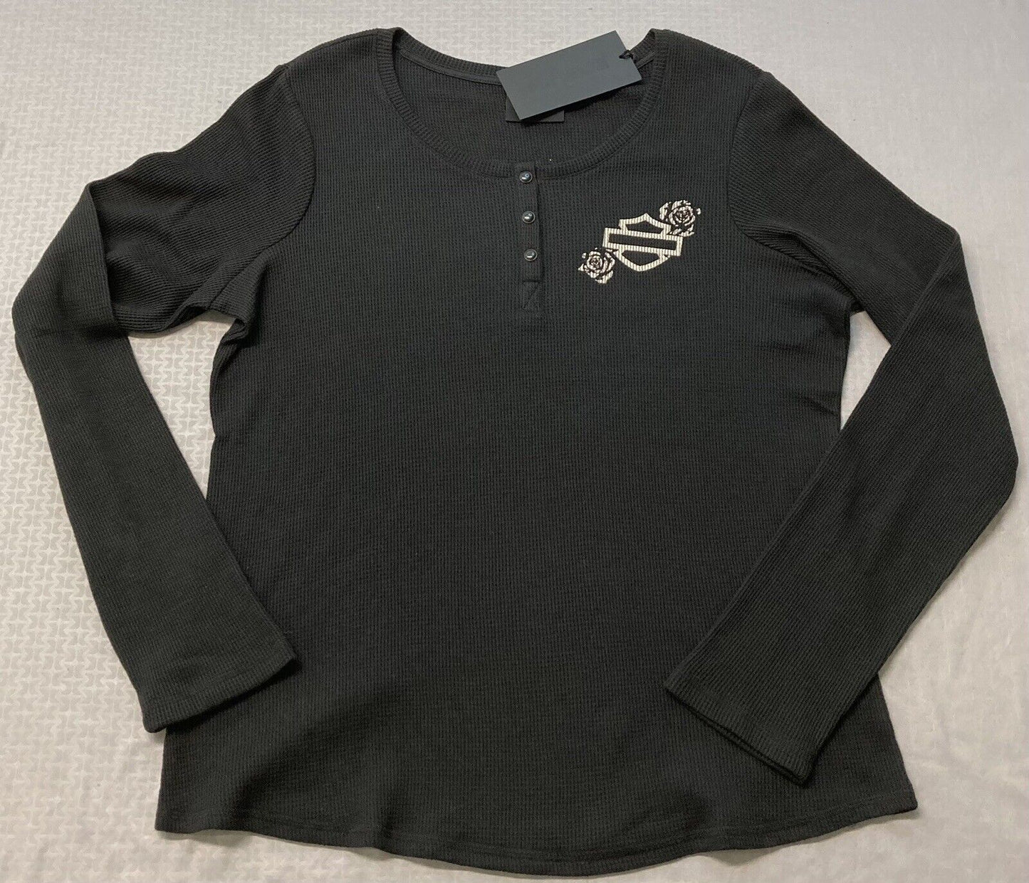 NEW HARLEY DAVIDSON 96452-23VW Women's Fireside Roses L/S Knit Black Tee MED