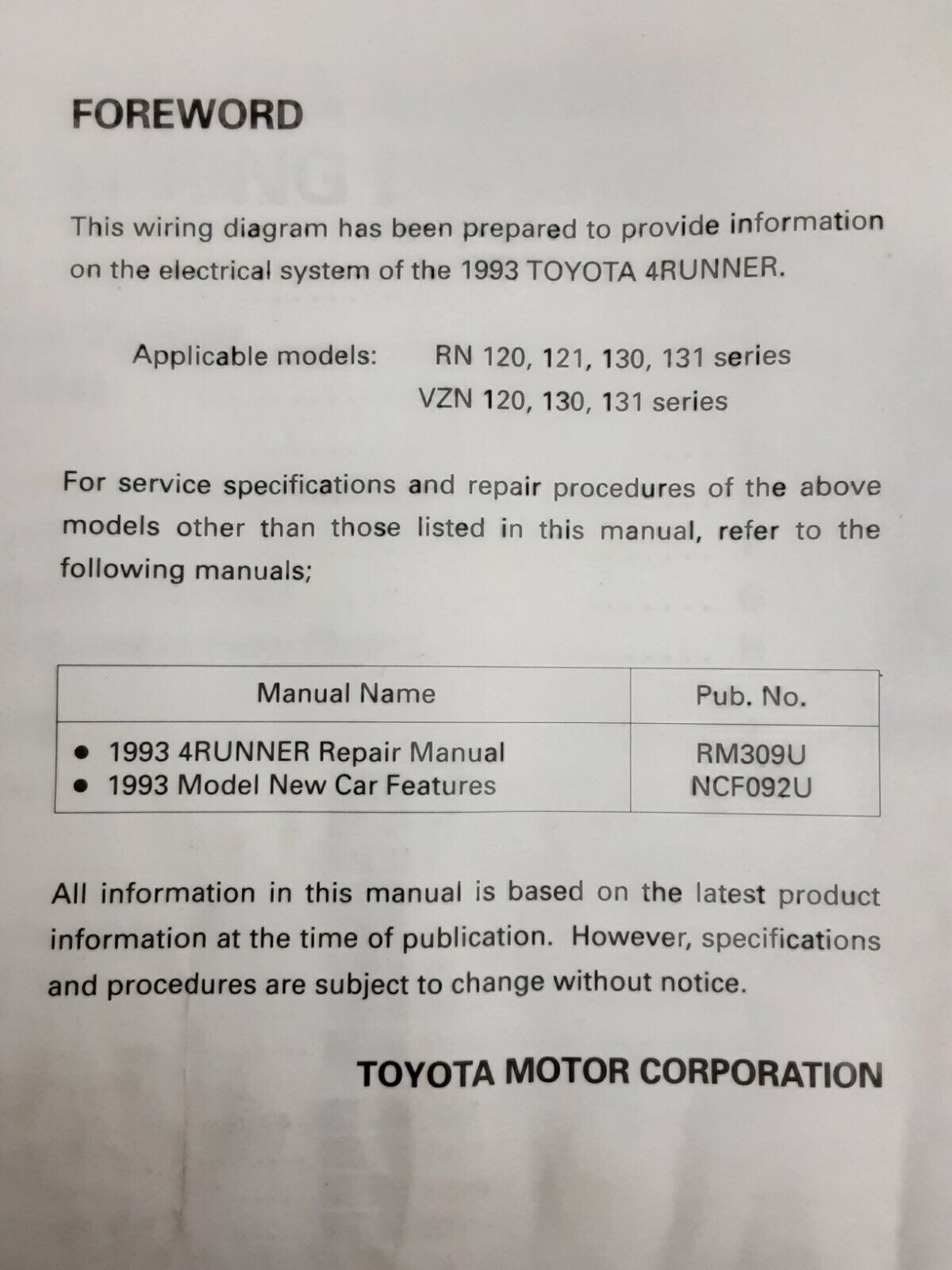 TOYOTA 1993 4Runner Electrical Wiring Diagram Repair /Service Manual