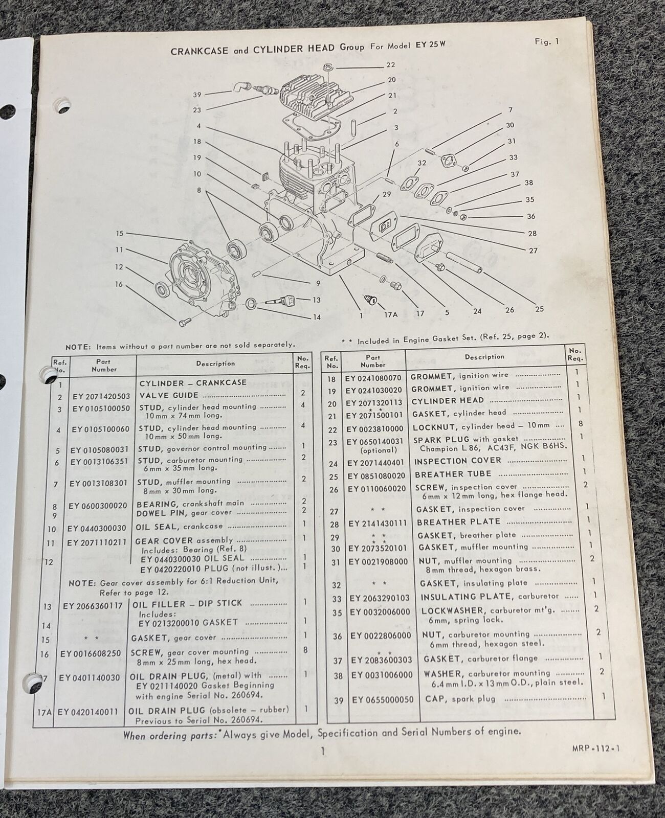 TELEDYNE WISCONSIN ROBIN EY25W LOOSE-LEAF SERVICE PARTS MANUAL