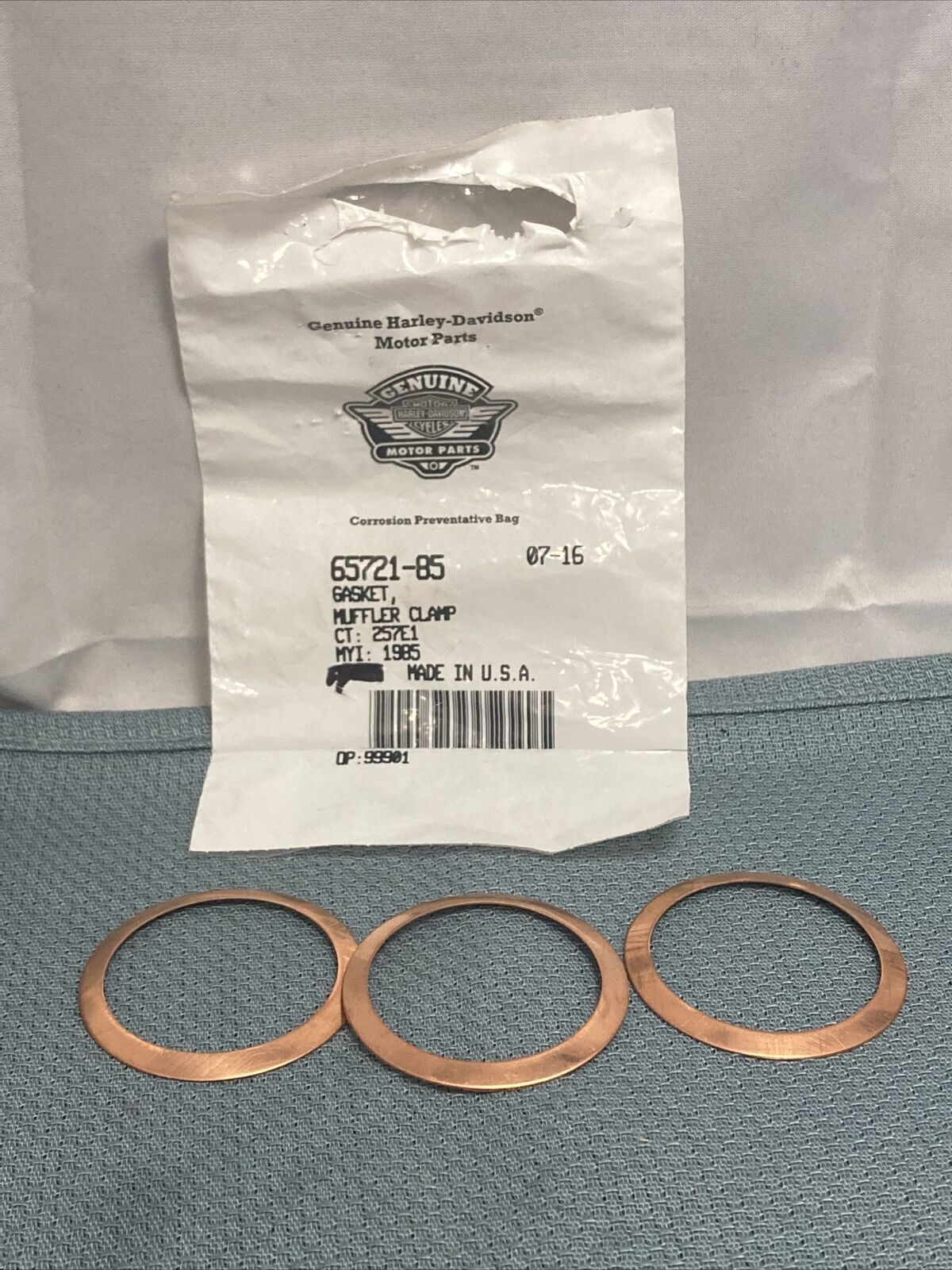 QTY 3 NEW GENUINE HARLEY DAVIDSON 65721-85 GASKET, MUFFLER CLAMP