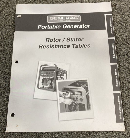 GENERAC PORTABLE GENERATOR 87971 ROTOR/STATOR RESISTANCE TABLES