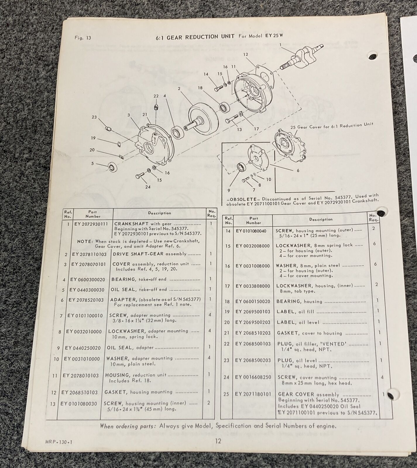 TELEDYNE WISCONSIN ROBIN EY25W LOOSE-LEAF SERVICE PARTS MANUAL