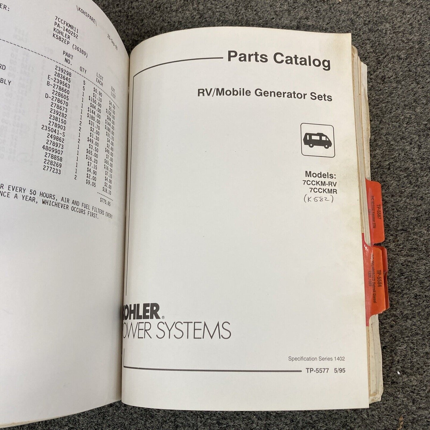 GENUINE KOHLER SERVICE PARTS/PARTS CATALOGS