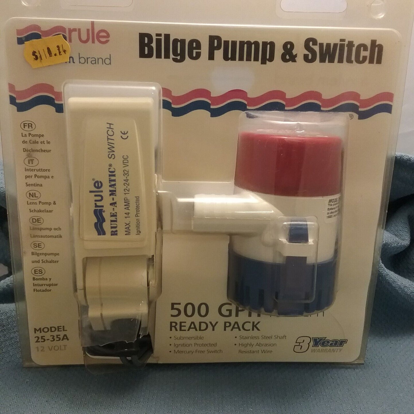 NEW RULE 25-35A BILGE PUMP & SWITCH 500 GPH/1890 LPH READY PACK 12V